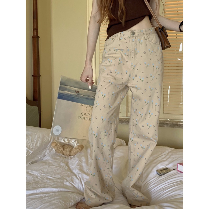 Quần Jeans Nữ Lưng Cao Ống Rộng In Hoa Thời Trang