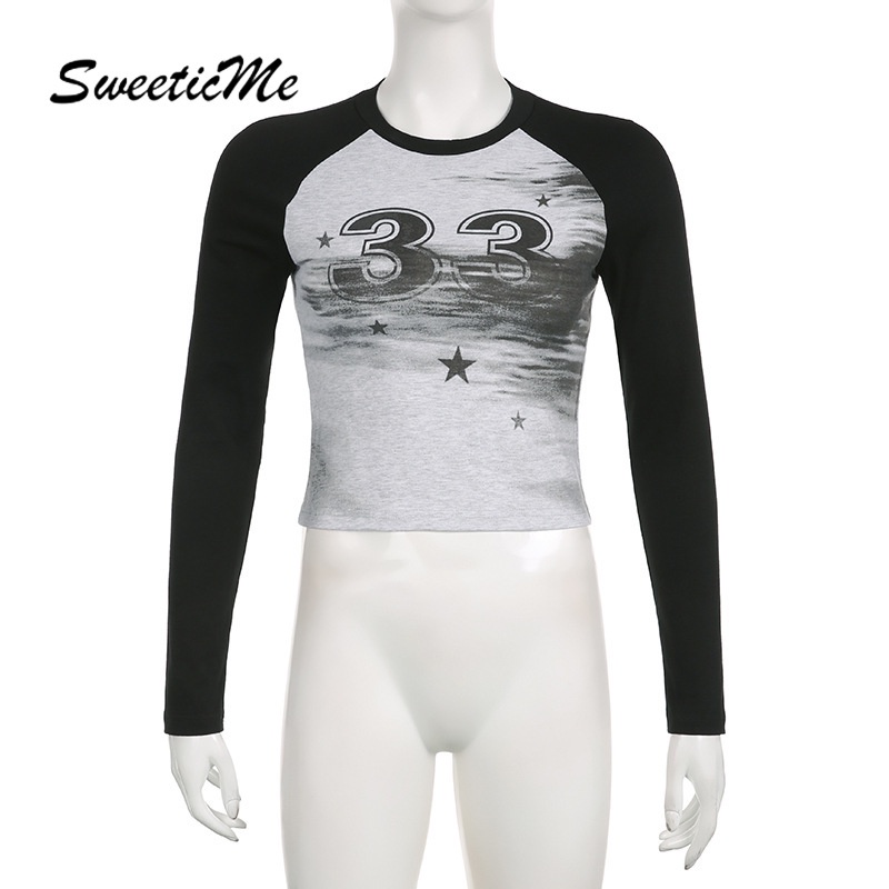 Áo Croptop Tay Dài Cổ Tròn Dáng Ôm Phối Màu Tương Phản Thời Trang 2023 Cho Nữ