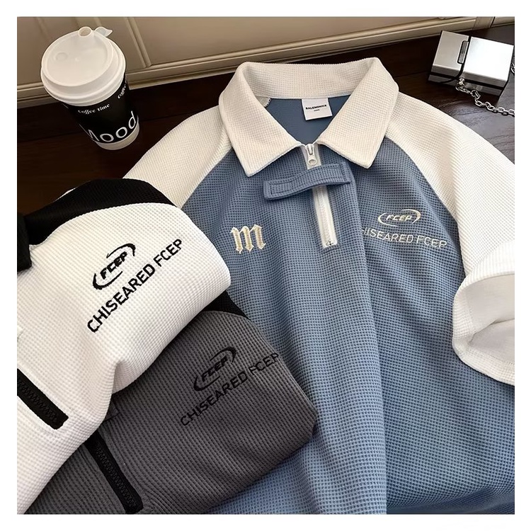 Áo Thun Polo Tay Ngắn Dáng Rộng Thêu Họa Tiết Màu Sắc Tương Phản Thời Trang Mùa Hè Cho Nam