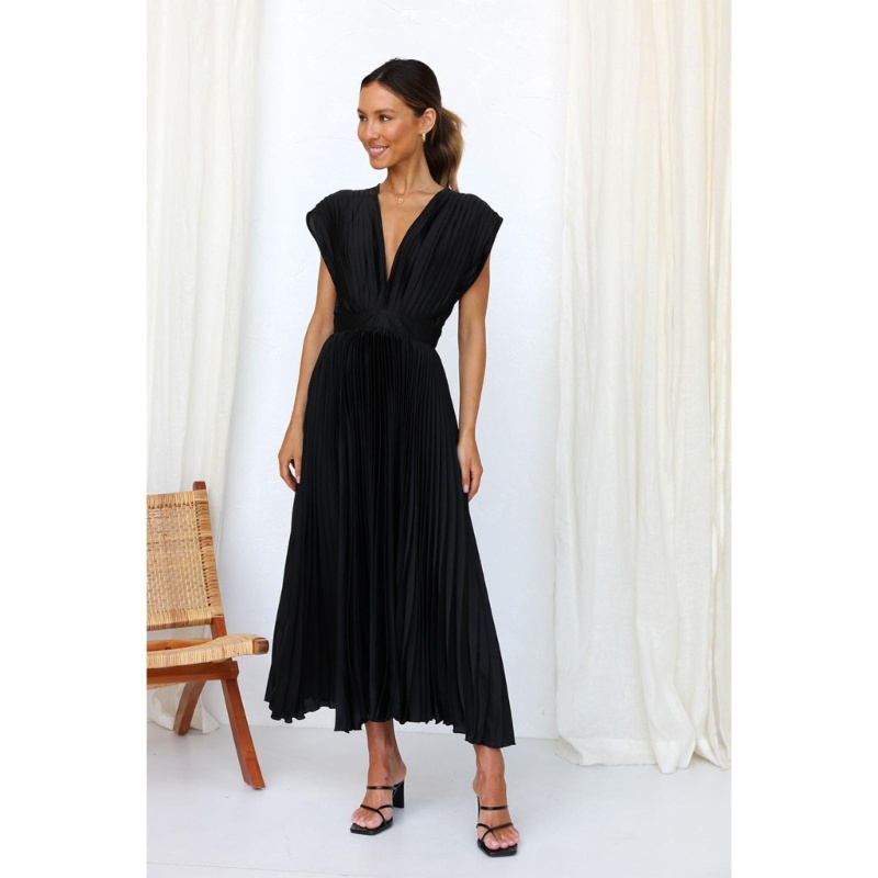 Đầm Midi Không Tay Cổ Chữ V Xếp Ly Màu Trơn Thanh Lịch Có Dây Buộc Sau Lưng