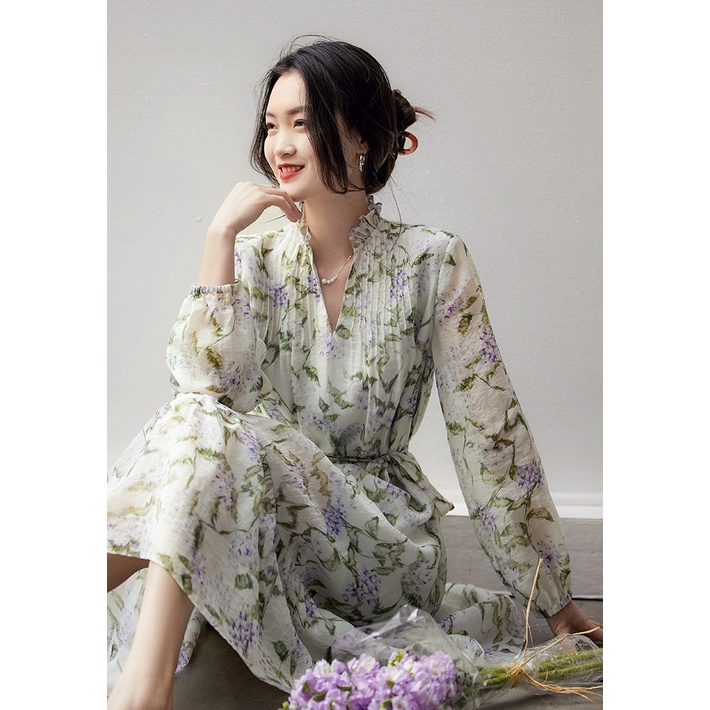 Đầm voan hoa dài tay cổ bèo mùa hè Xiny D281230
