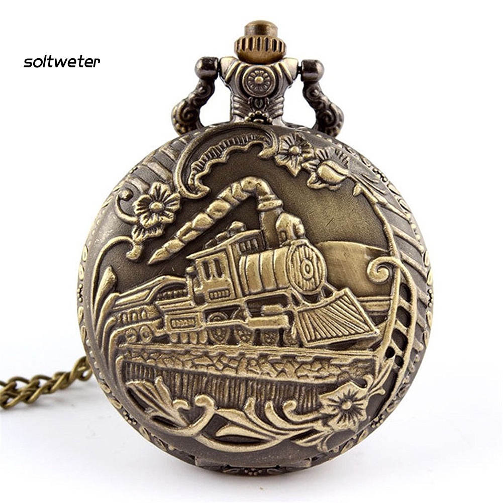 Đồng Hồ Bỏ Túi Bằng Đồng Thau Họa Tiết Tàu Lửa Cổ Điển Có Dây Đeo Dạng Xích