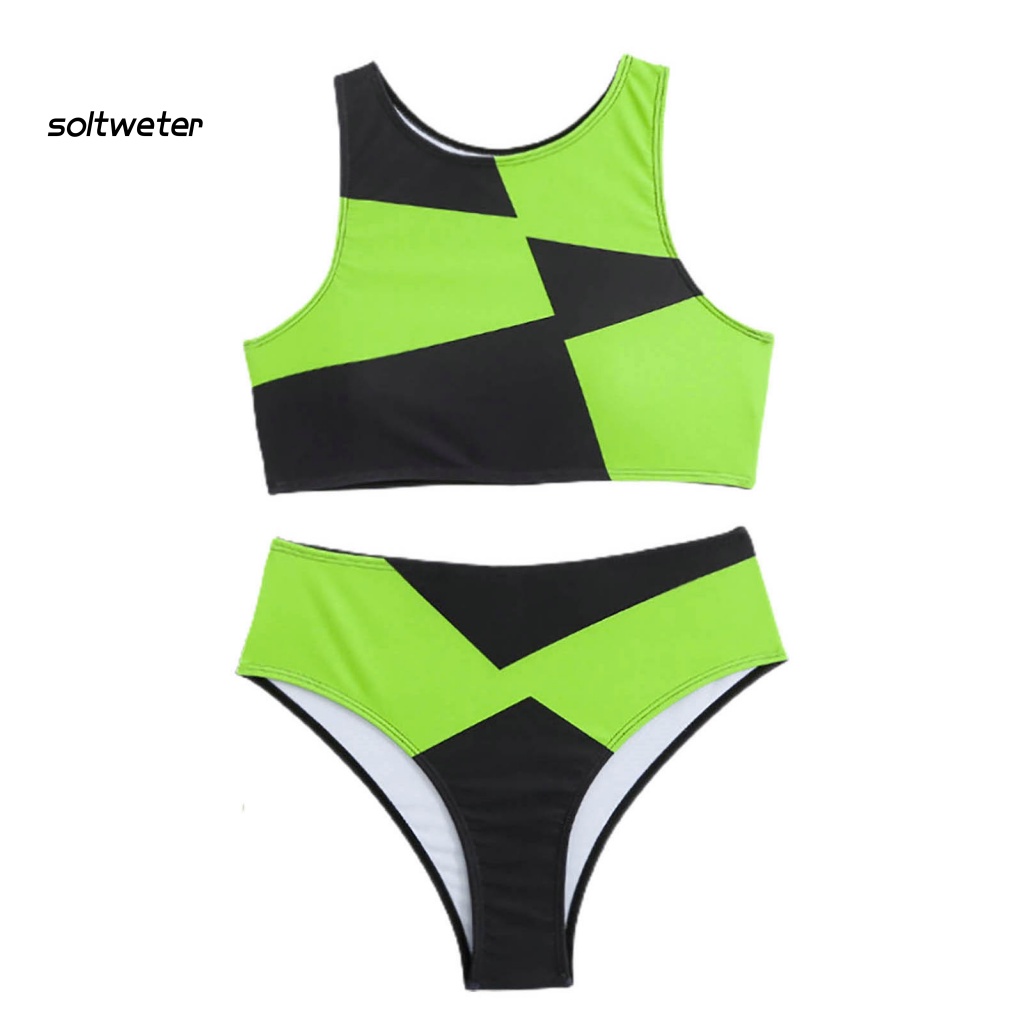 Bộ Bikini 2 Mảnh Cổ Tròn Lưng Cao Họa Tiết Hình Học Cho Nữ