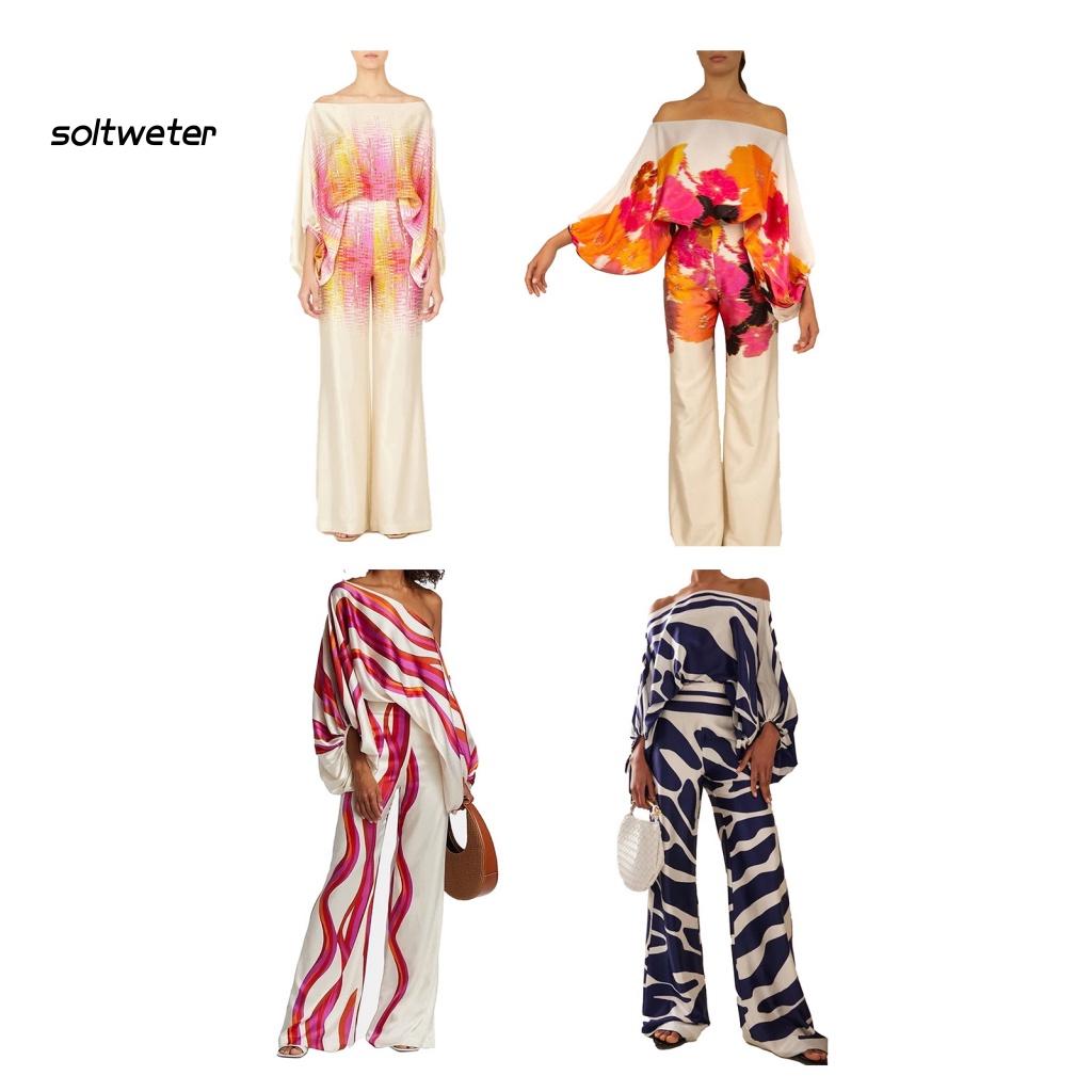 Bộ Trang Phục 2 Mảnh Gồm Áo Trễ Vai Tay Dài Phồng Và Quần Dài Ống Rộng Lưng Cao In Họa Tiết Hoa Nhiều Màu Sắc Thời Trang Công Sở Cho Nữ