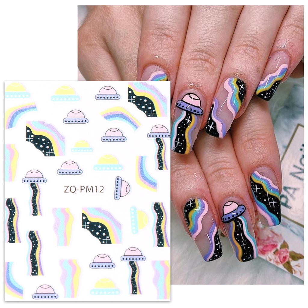 Miếng Dán Trang Trí Móng Tay Nghệ Thuật Họa Tiết Chữ Tiếng Anh / Bánh Quy / Đĩa Bay / Nấm Dopamine Màu Sắc