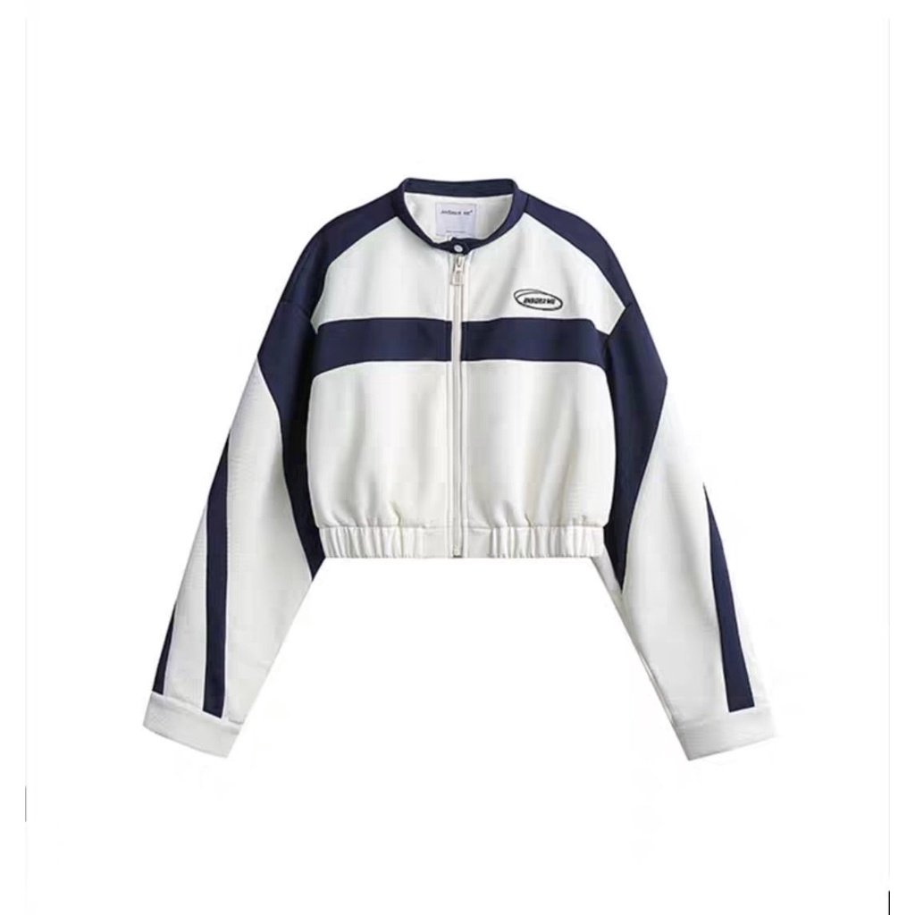 Plus Áo Khoác Thể Thao Dài Tay Phối Khóa Kéo Phong Cách Vintage Mỹ Cho Nữ