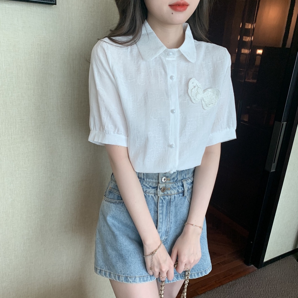 Áo Sơ Mi Vải Jacquard Cotton Mỏng Thêu Họa Tiết Ngọt Ngào Cho Nữ