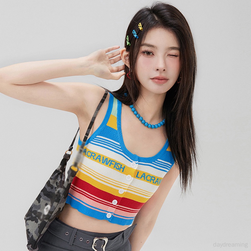 Áo Croptop Dệt Kim Sát Nách Họa Tiết Kẻ Sọc Cầu Vồng In Chữ Thời Trang Mùa Hè Cho Nữ