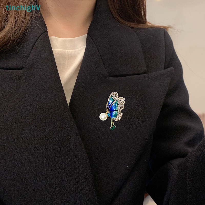 Ghim Cài Áo Hình Bướm Tráng Men Đính Đá &amp; Ngọc Trai Thời Trang Cho Nữ