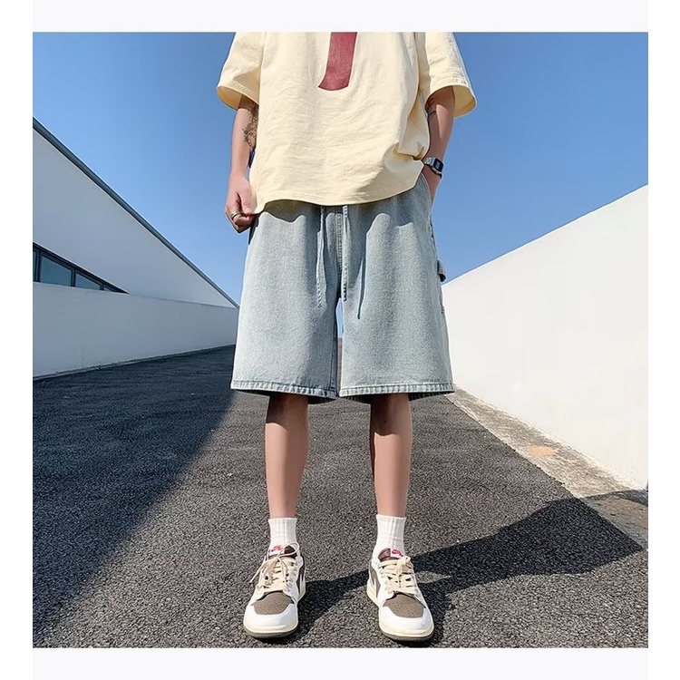 Quần Short Denim Lưng Thun Ống Rộng Phong Cách Đường Phố Mỹ Thời Trang Mùa Hè Cho Nam
