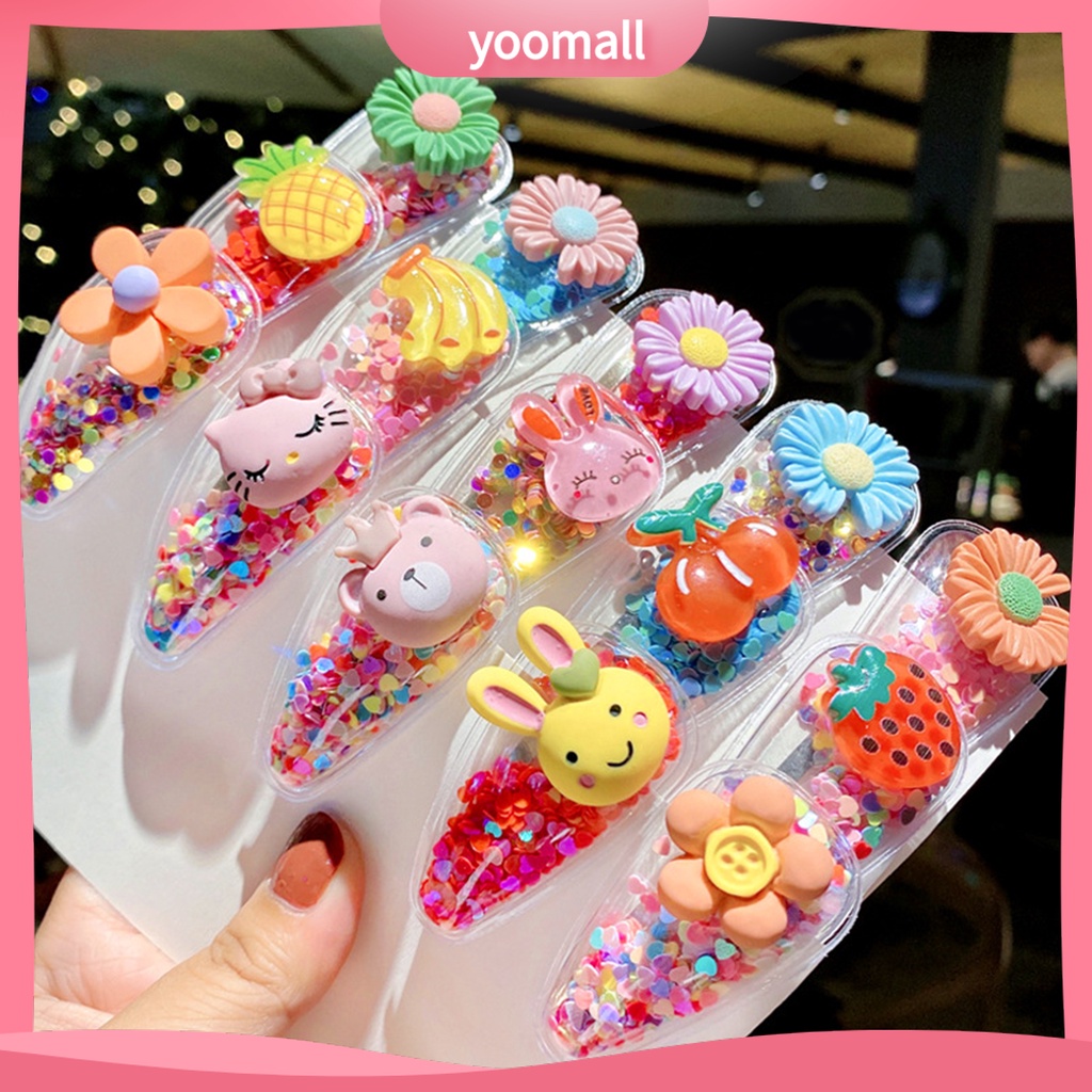 Set 5 Kẹp Tóc Trong Suốt Họa Tiết Trái Cây Phối Cát Chảy Xinh Xắn Cho Bé Gái