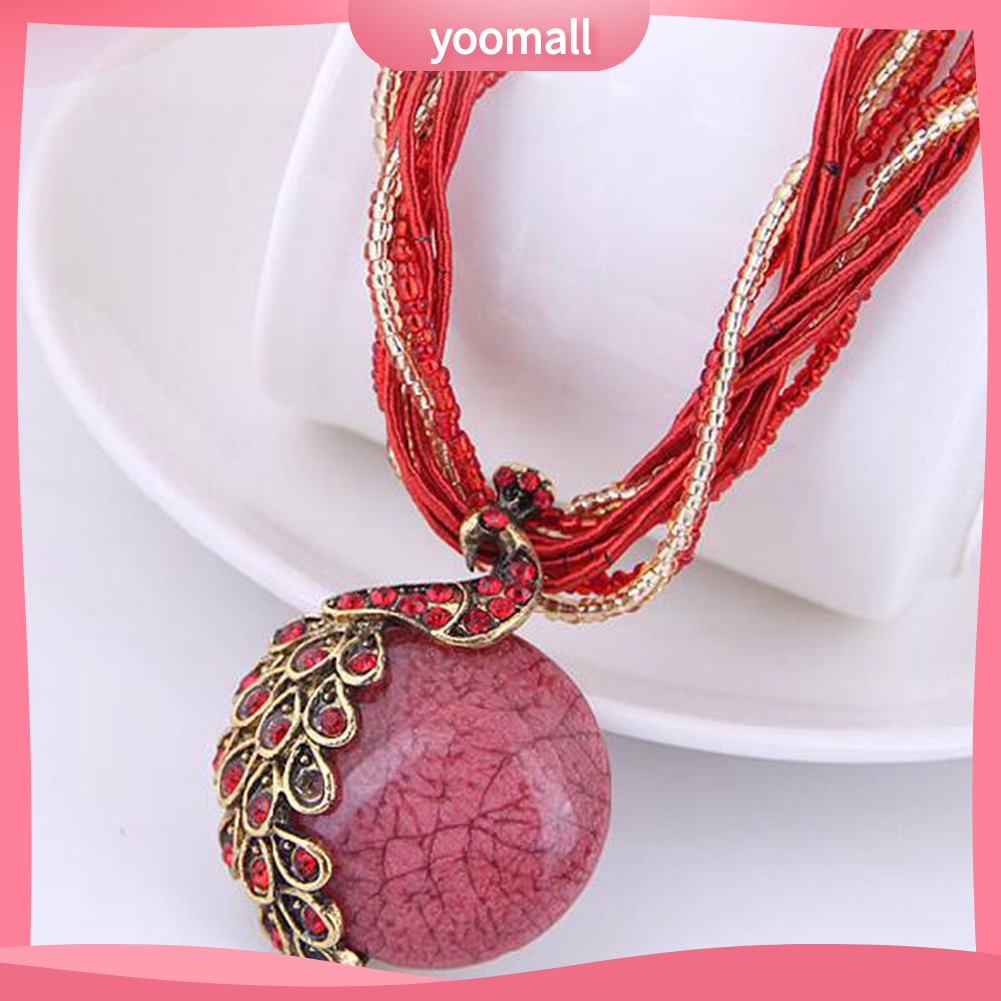 Vòng cổ Mặt Tròn Hình Chim Công Đính Đá Opal Nhân Tạo Phong Cách Bohemian