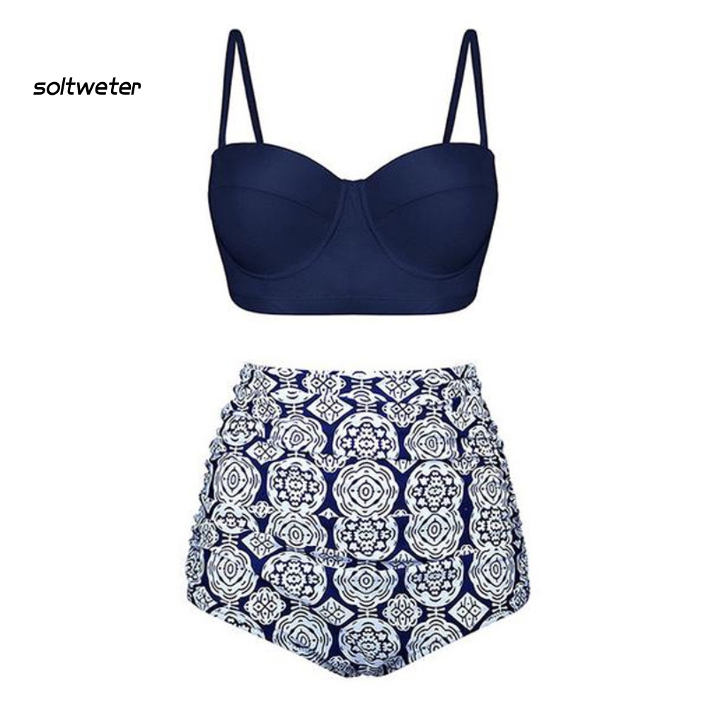 Bộ Bikini Hai Mảnh Lưng Cao In Họa Tiết Hoa Lá Mùa Hè Cho Nữ