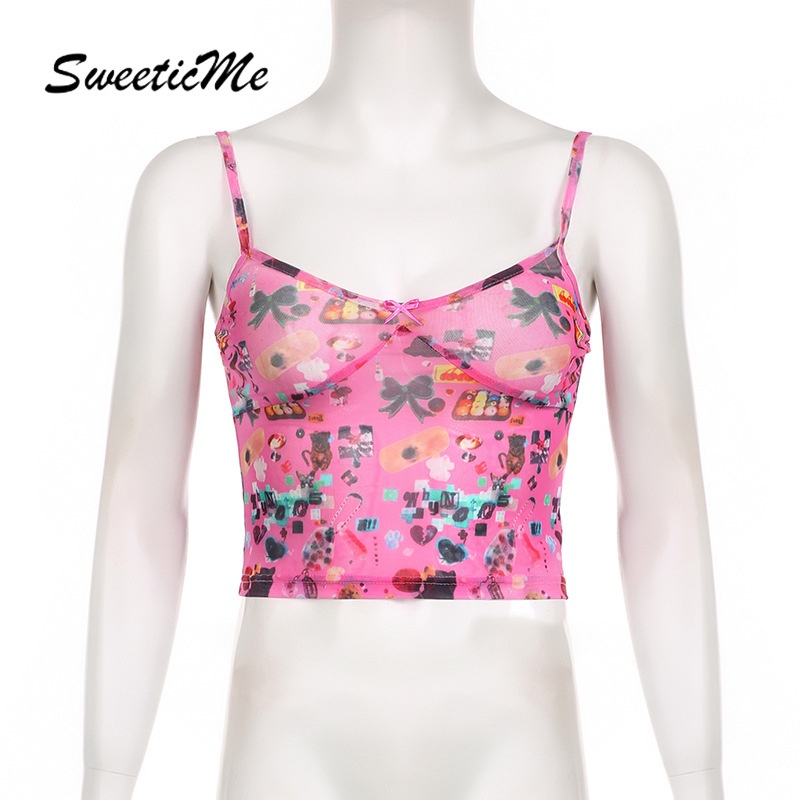 Áo Tank Top Cổ Chữ V Dáng Ôm In Họa Tiết Đính Nơ Thời Trang 2023 Cho Bạn Gái