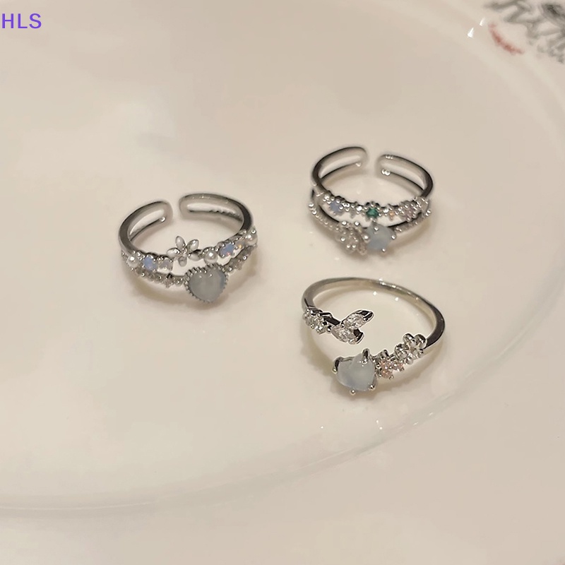 [HLS] Nhẫn Hở Đính Đá Zircon Màu Xanh Navy Hình Trái Tim Ánh Trăng Cá Tính Có Thể Điều Chỉnh Phụ Kiện Cho Nữ