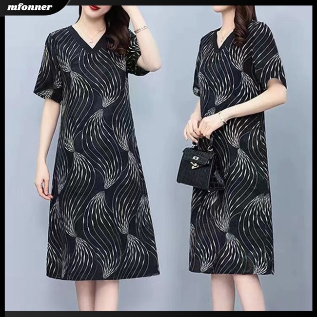 Đầm Dáng Rộng Cổ Chữ V Tay Ngắn Bằng Lụa Lạnh Thời Trang Mùa Hè Dành Cho Nữ Plus Size