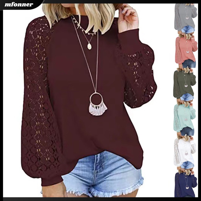 Áo Kiểu Tay Dài Phồng Phối Ren Lỗ Màu Sắc Trơn Thời Trang Cho Nữ