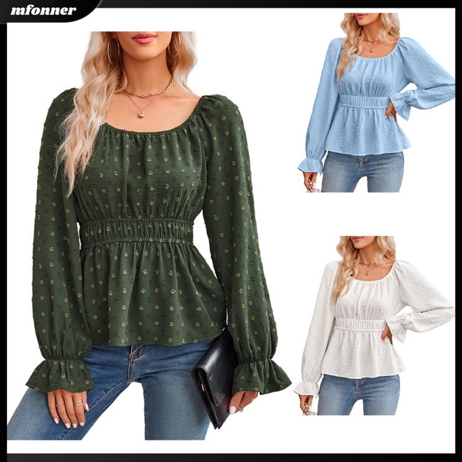 Áo Kiểu Tay Dài Cổ Tròn Phối Bèo Màu Trơn Thời Trang Thanh Lịch Cho Nữ