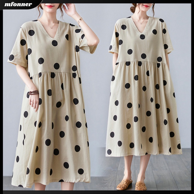 Đầm Cotton Lanh Cổ Chữ V Dáng Rộng Họa Tiết Chấm Bi Thời Trang Mùa Hè Cho Nữ