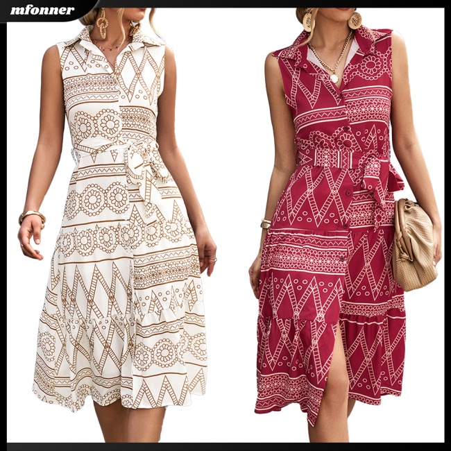 Đầm Dài Dáng Chữ A Sát Nách Cổ Bẻ Thoáng Khí In Họa Tiết Cổ Điển Thời Trang Mùa Hè Cho Nữ