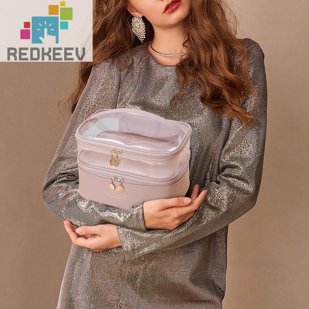 Túi Đựng Đồ Trang Điểm Bằng Da PU PVC Hai Lớp Có Tay Cầm Dành Cho Nữ