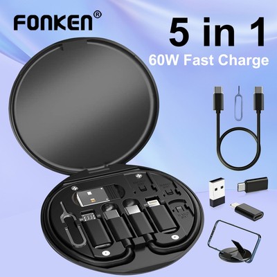 Cáp Sạc Nhanh Fonken 5 Trong 1 60W Cổng Type C Micro USB Kèm Hộp Đựng Cho Điện Thoại Giá Đỡ