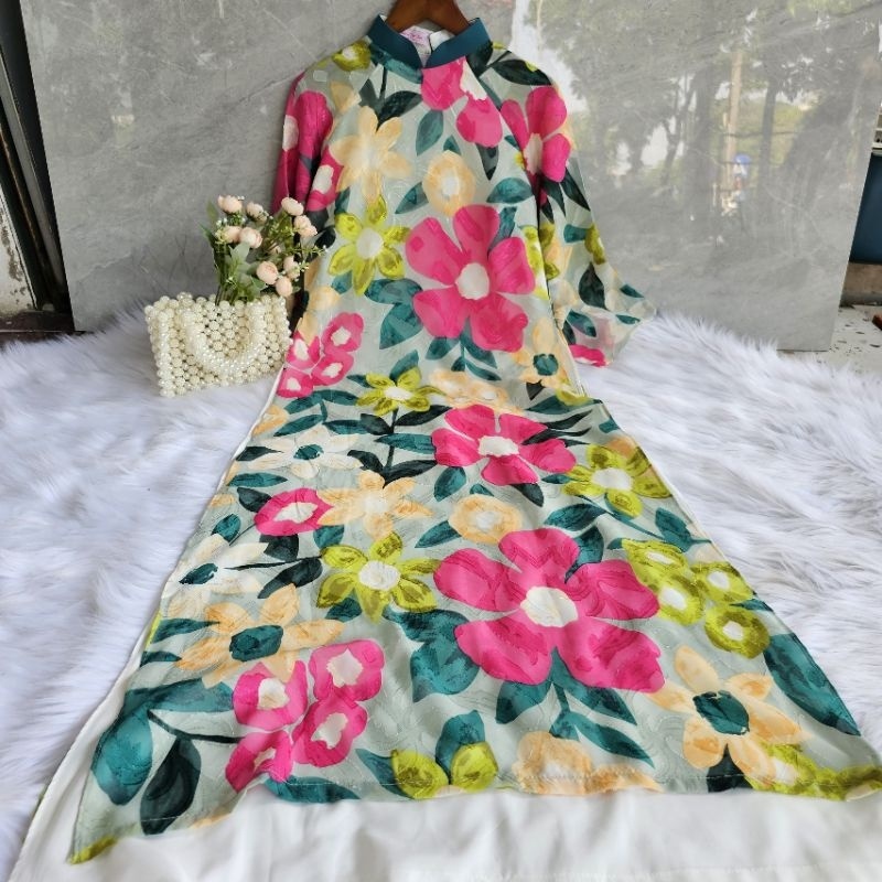 Áo dài tơ mộc 4 tà họa tiết hoa đẹp ⚡ HÀNG LOẠI 1 ⚡ Áo dài tay lỡ hàng thiết kế chất vải mềm mại co giãn nhẹ