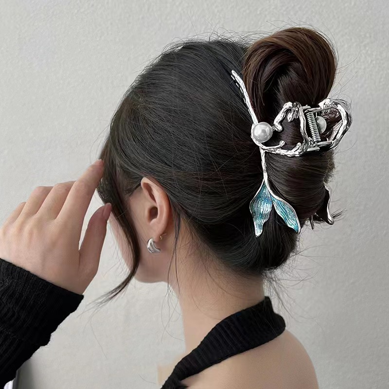 Kẹp Tóc Hình Đuôi Cá Đính Ngọc Trai Giả 13cm Bằng Kim Loại Cho Nữ