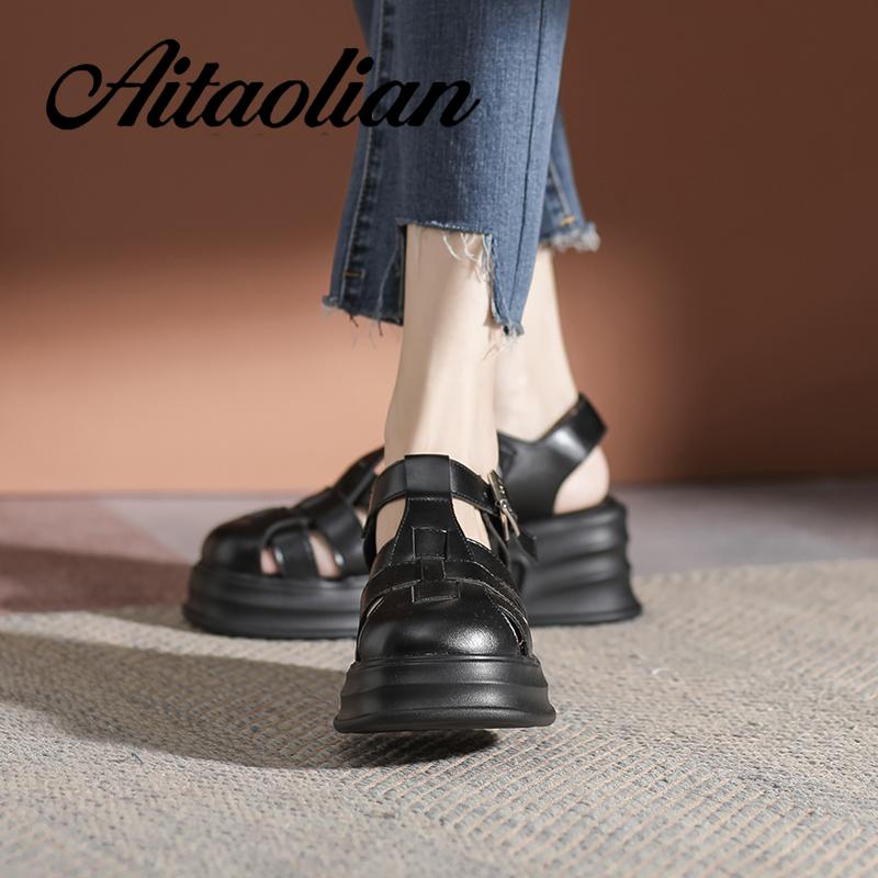 Xăng đan Da Thật 6cm Mũi Tròn Thời Trang Cho Nữ