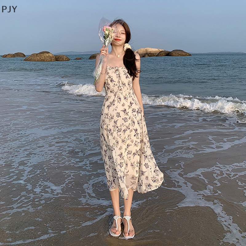 Đầm Midi Hai Dây Không Tay In Hoa Thời Trang Mùa Hè PJ