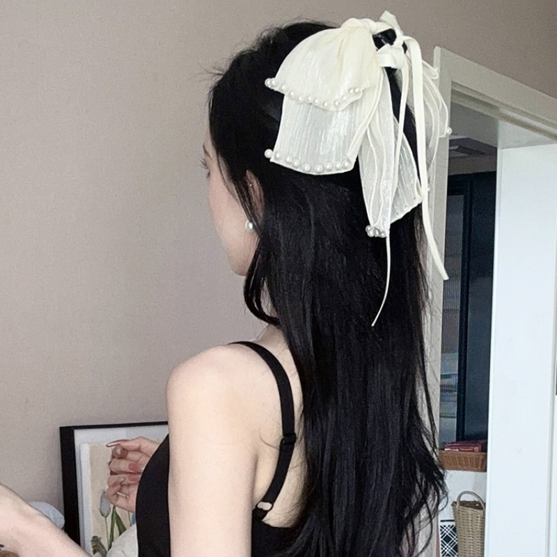 Kẹp Tóc Nơ Lưới Đính Ngọc Trai Thời Trang Mùa Hè Cho Nữ