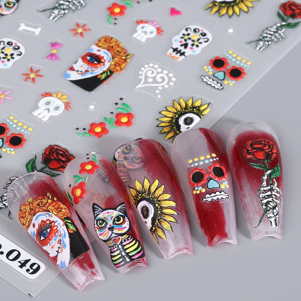 Halloween ma bí ngô nail sticker 5d nổi ngôi sao mạng nhện hộp sọ hoa hồng phim hoạt hình lễ hội mùa đông trang trí móng tay