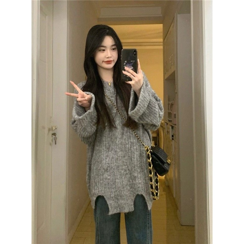 Áo Len Chui Đầu Dài Tay Dáng Rộng Màu Sắc Trơn Phong Cách Hàn Quốc Thời Trang Thu Đông Cho Nữ