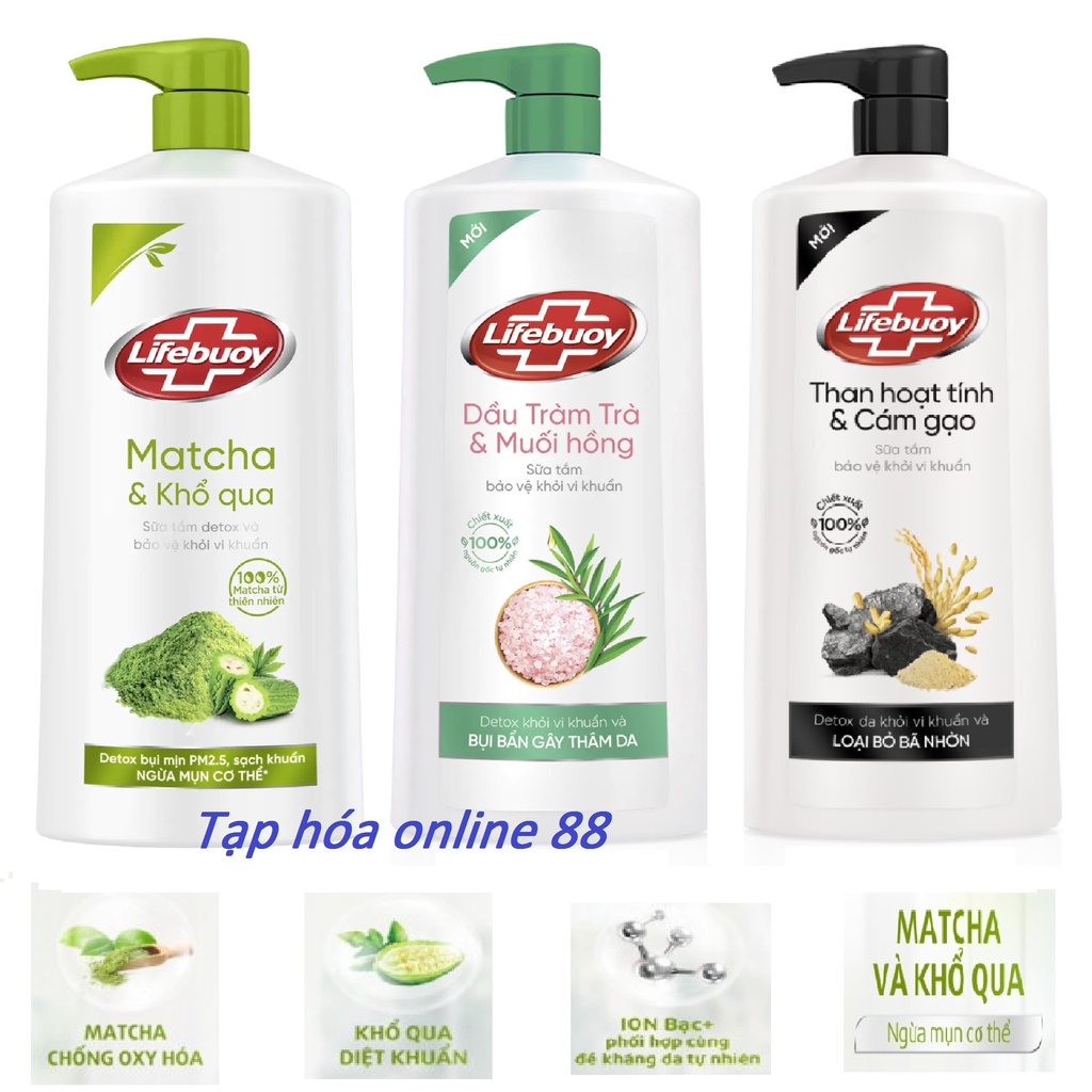 Sữa tắm Lifebuoy Matcha Khổ Qua và Dầu Tràm Trà Muối Hồng Chai 800g