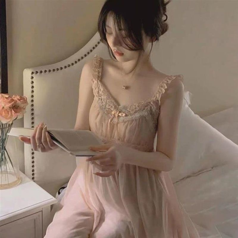Đầm Ngủ Tay Ngắn Phối Ren Có Mút Đệm Ngực Phong Cách Công Chúa Dễ Thương Thời Trang Mùa Hè Cho Nữ