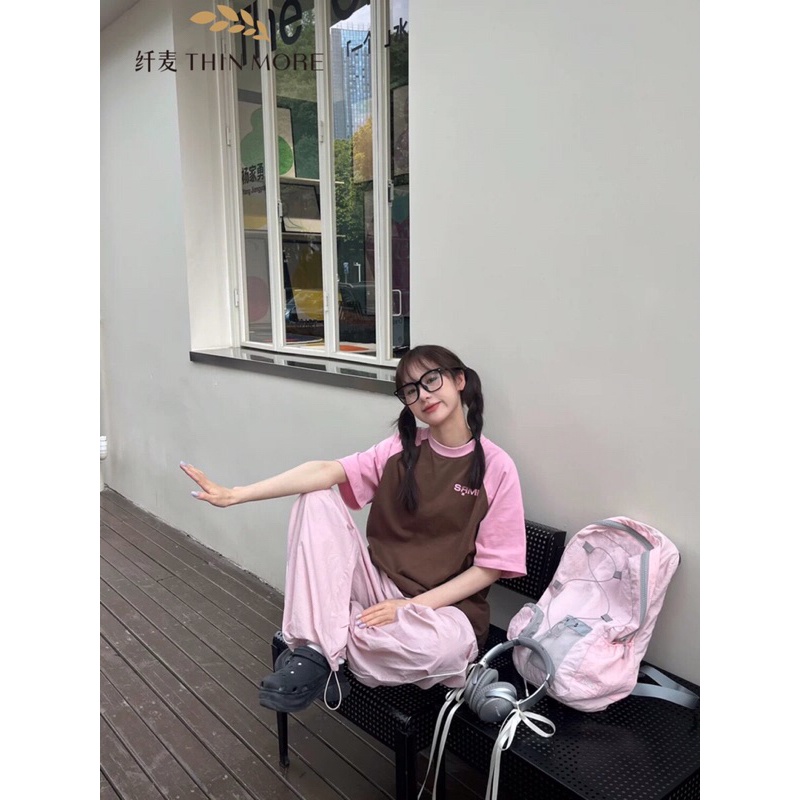 Áo Thun Baby Tee  phối tay Hồng form rộng tay lỡ phong cách Ulzzang