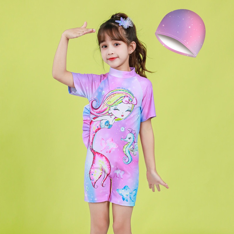Đồ bơi bé gái, liền thân tay ngắn chất vải co giãn bao gồm nón bơi họa tiết kỳ lân phù hợp cho bé từ 14kg đến 30kg