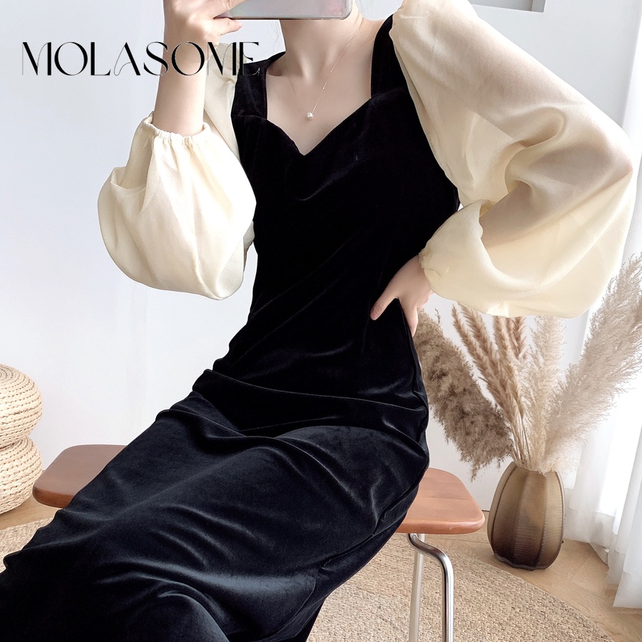 Đầm Maxi Cổ Vuông Tay Dài Dáng Ôm Màu Sắc Tương Phản Thời Trang 2023 Cho Nữ