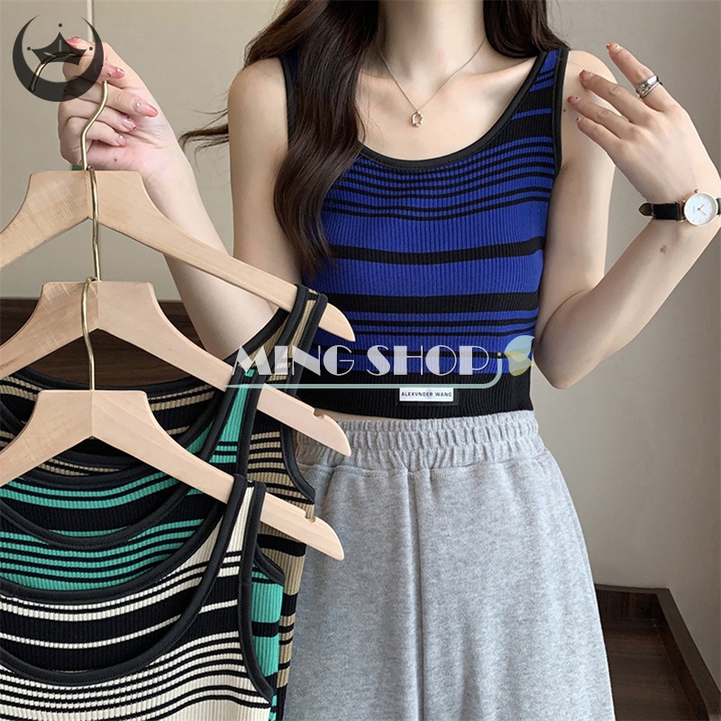Áo Croptop Dệt Kim Hai Dây Họa Tiết Kẻ Sọc Vintage Thời Trang Mùa Hè Cho Nữ
