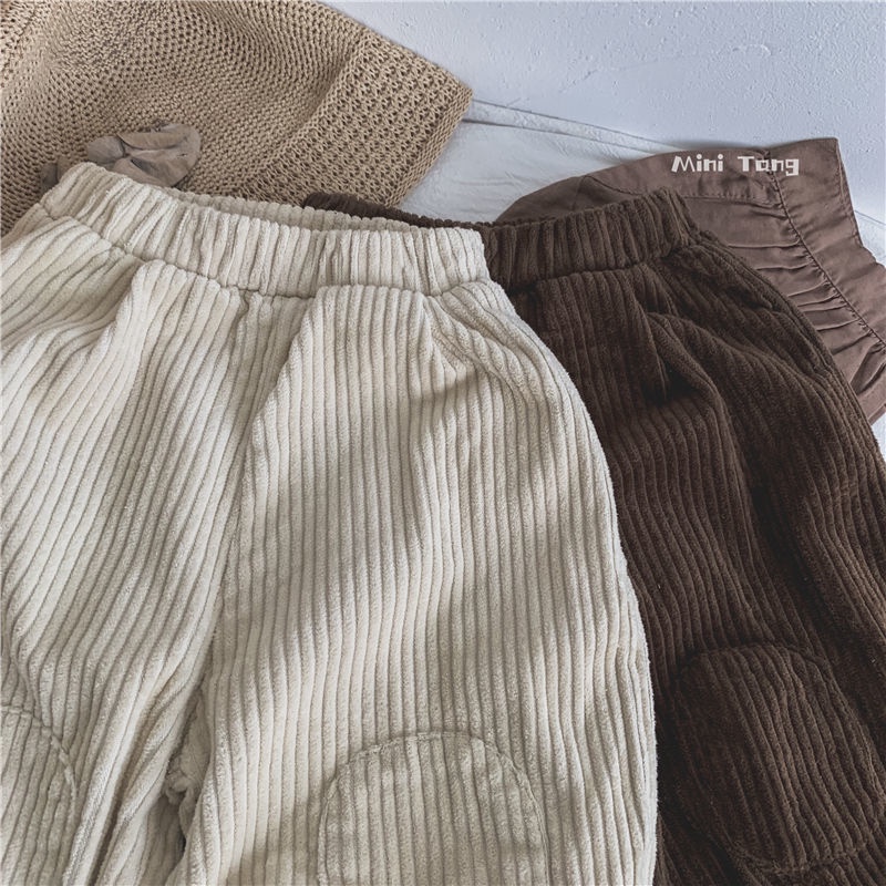 Quần Dài Vải Nhung Kẻ Sọc Dày Dặn Phong Cách Hàn Quốc Thời Trang Thu Đông Cho Bé