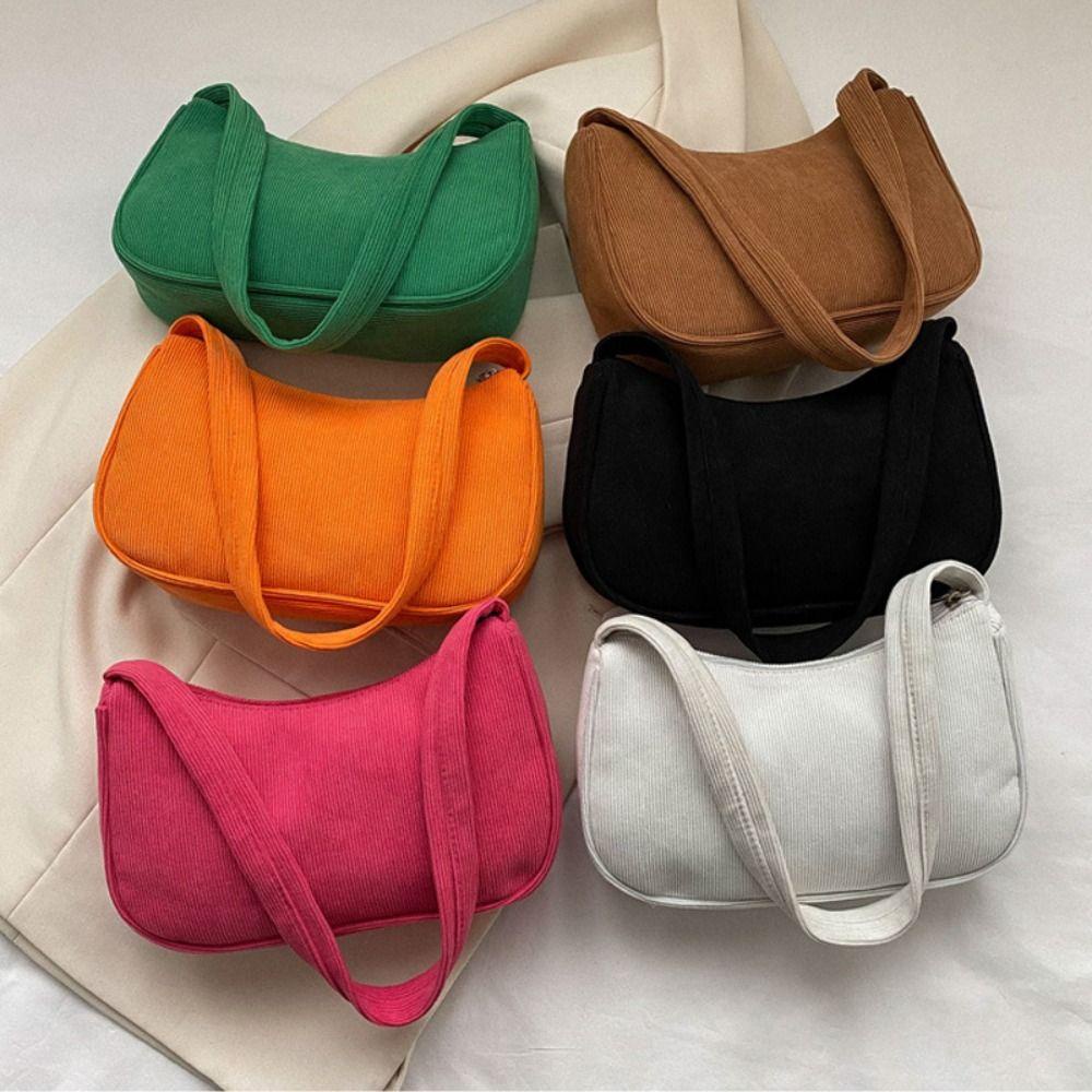 Túi Xách Đeo Dưới Cánh Tay Vải Nhung Kẻ Màu Trơn Có Khóa Kéo Kiểu Vintage Hàn Quốc Cho Nữ