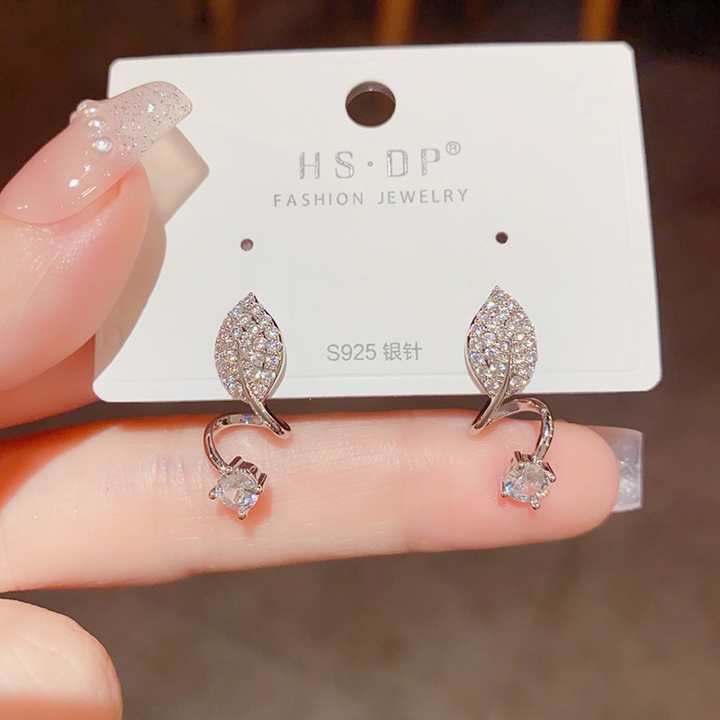 Bông Tai Mạ Bạc Hình Chiếc Lá Đính Đá Zircon Sang Trọng Thời Trang Cho Nữ