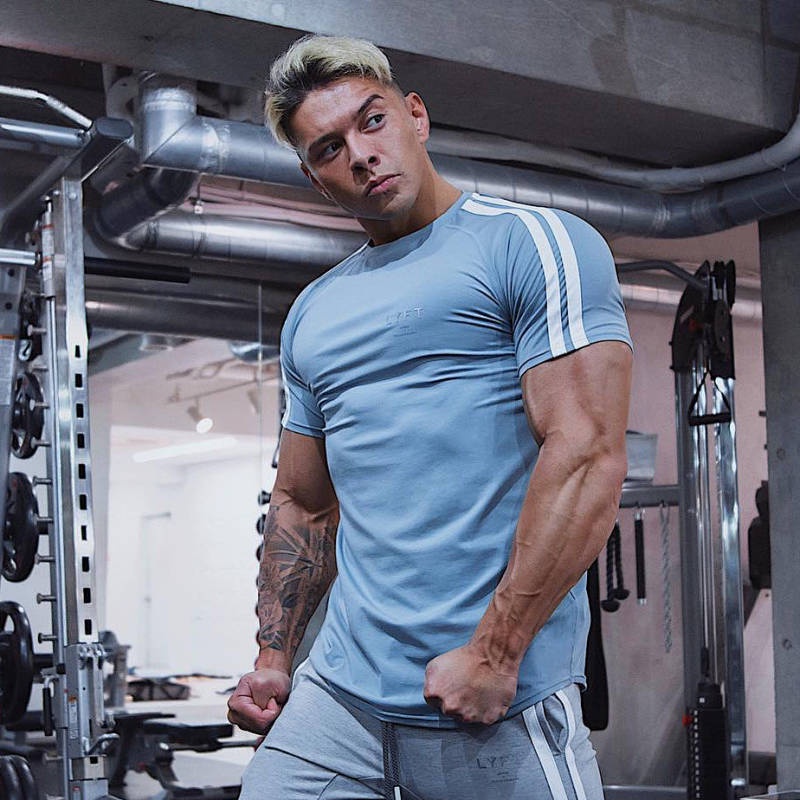 Lyft Summer New Short-Sleeved Men's Cotton Workout Clothes round Neck Half Sleeve T-shirt Breathable Slim Solid Color Top Men yP44