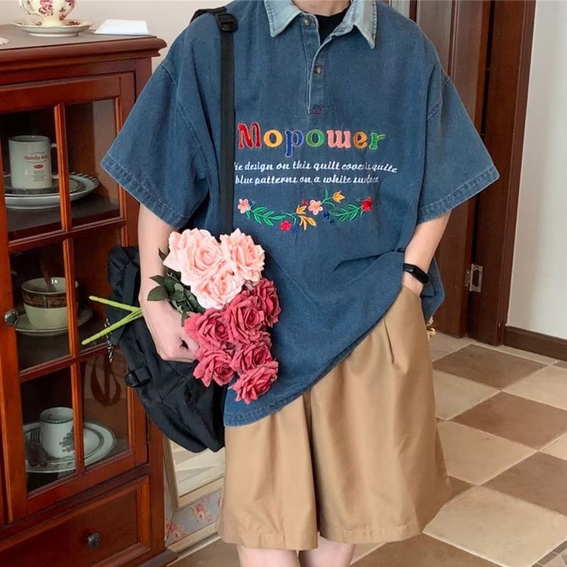 Áo polo Ngắn Tay Form Rộng In Họa Tiết retro Thời Trang Dành Cho Nam
