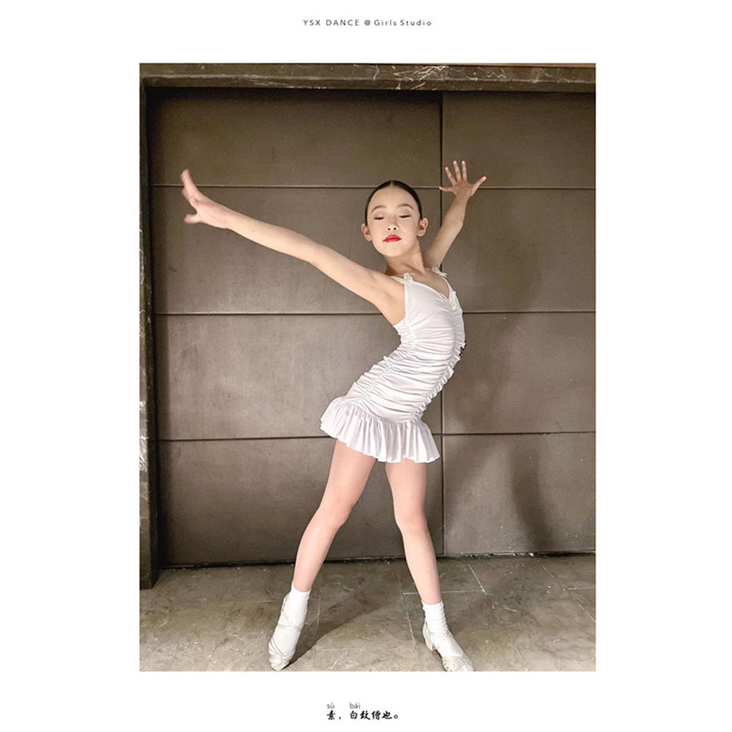 Trang phục khiêu vũ latin mùa hè phong cách mới dành cho trẻ em bộ đồ tập nữ trang trí bướm one-piece màu trắng đơn giản