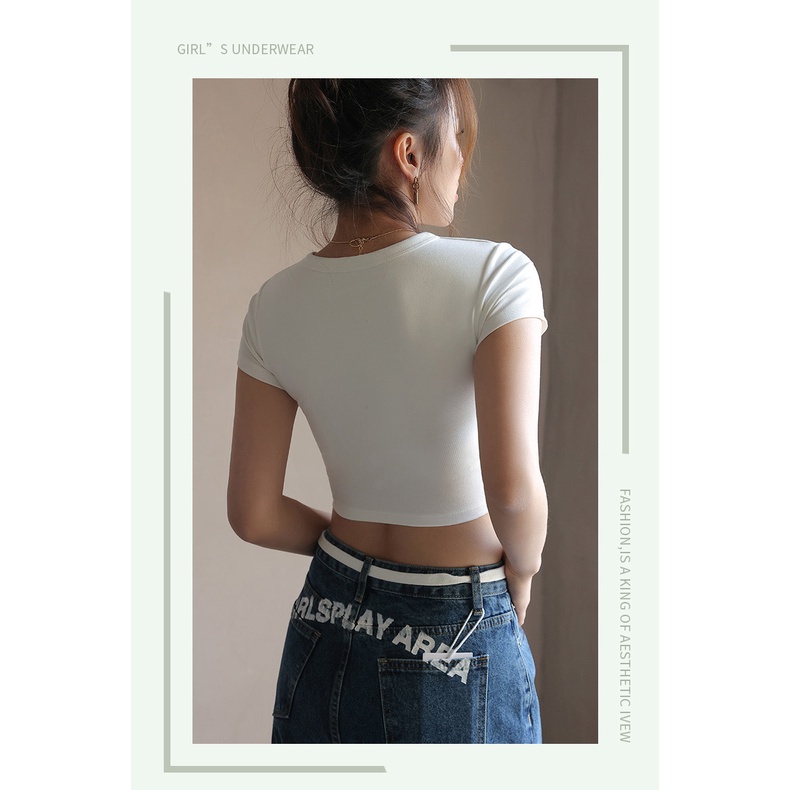 Áo Thun Lửng Ngắn Tay Có Đệm Ngực Thời Trang Mùa Hè Hàng Mới Dành Cho Bạn Nữ