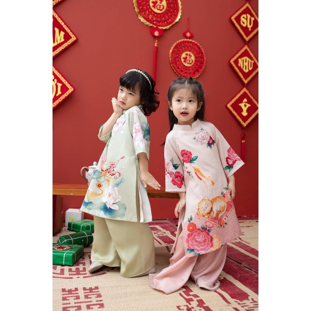 Áo dài cách tân cho bé gái 4 tà in hoa nhiều màu chất liệu tơ kim sa cao cấp - Xưởng Áo Dài Cách Tân - BG03