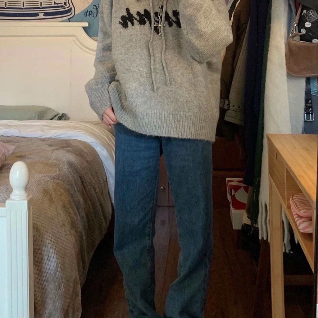 Áo Hoodie Dệt Kim Dáng Rộng Thời Trang Vintage Cho Nữ