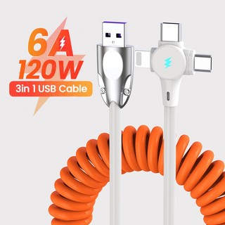 Cáp dữ liệu lò xo 3-trong-1 sạc siêu nhanh 120w được tùy chỉnh cho cáp sạc ô tô apple huawei xiaomi