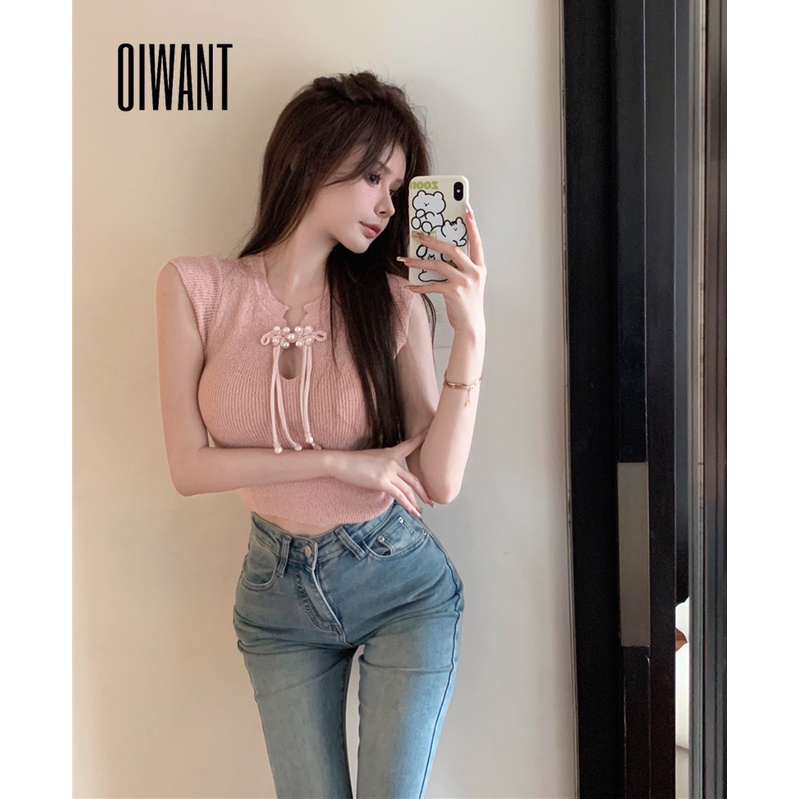 Oiwant women 2023 solid color t-shirt nút đĩa trung quốc cổ tròn tay ngắn openwork knit fashion top